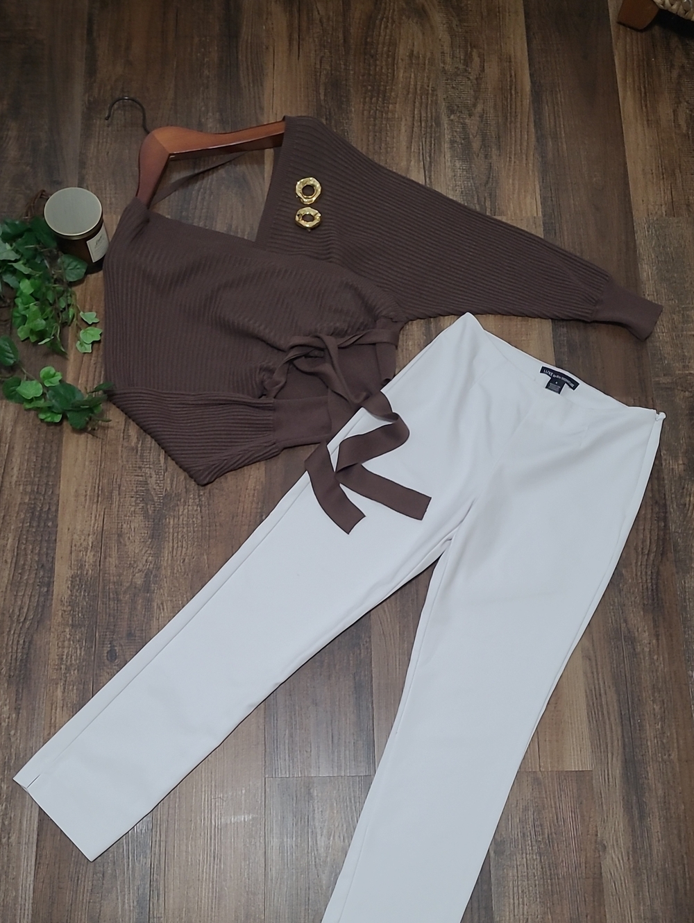 Rich Chocolate Brown Ribbed Belted Wrap Dolman Sleeve Sweater